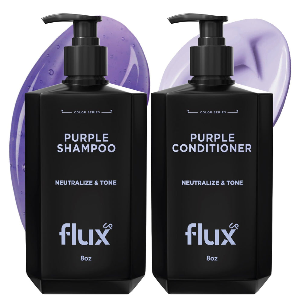 FLUX UP shampoo para cabello rubio, botella visible, neutraliza tonos amarillos.