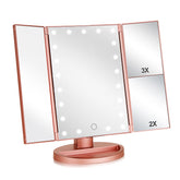 Flymiro tri-fold lighted vanity mirror in rose gold, front view for full-face makeup.