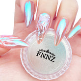 FNNZ Unicorn Chrome Powder – efecto aurora, uñas brillantes en casa.