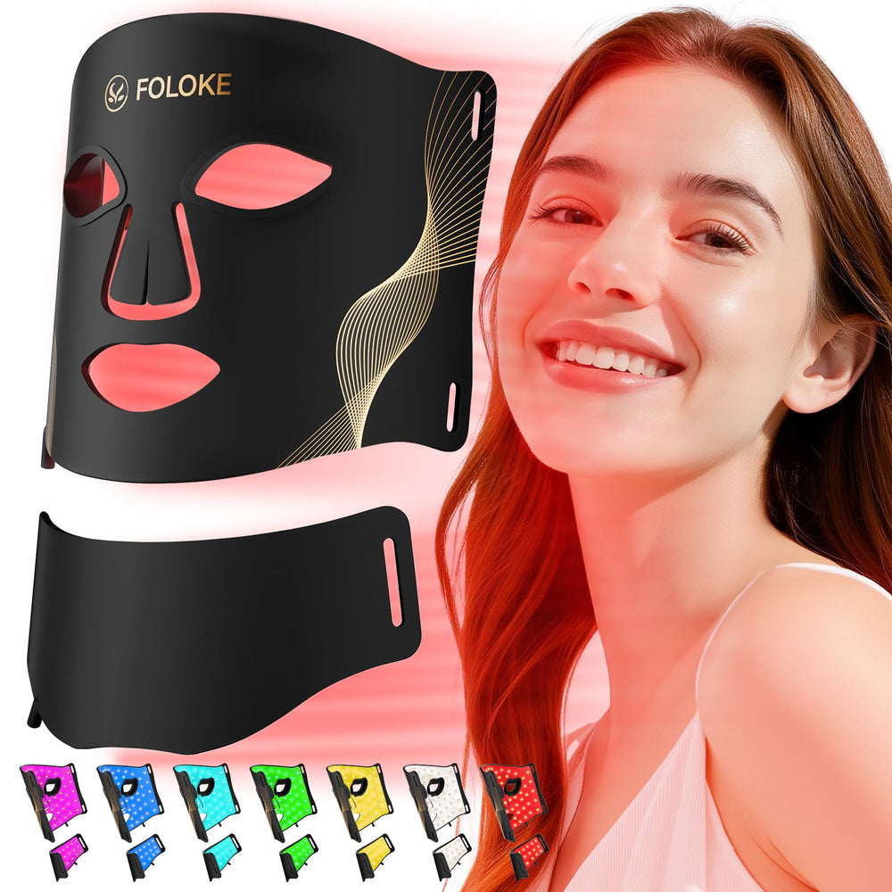 Foloke LED mask on the face showing red and NIR lights for at-home skin care.