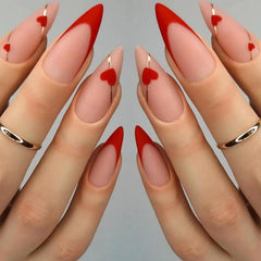 Uñas postizas FOLONRAL San Valentín con corazón rojo y líneas doradas, ideal para ocasiones.
