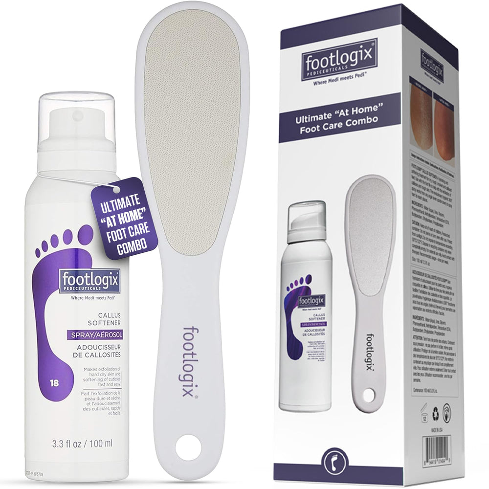 Footlogix Callus Softener spray bottle ready to hydrate rough skin and prep for removal.