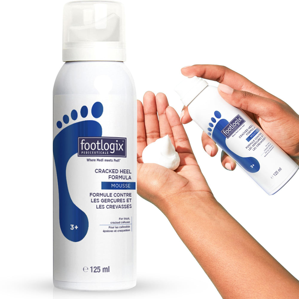 Footlogix cracked heel formula in white cream for severely dry, cracked heels that hydrates and smooths.