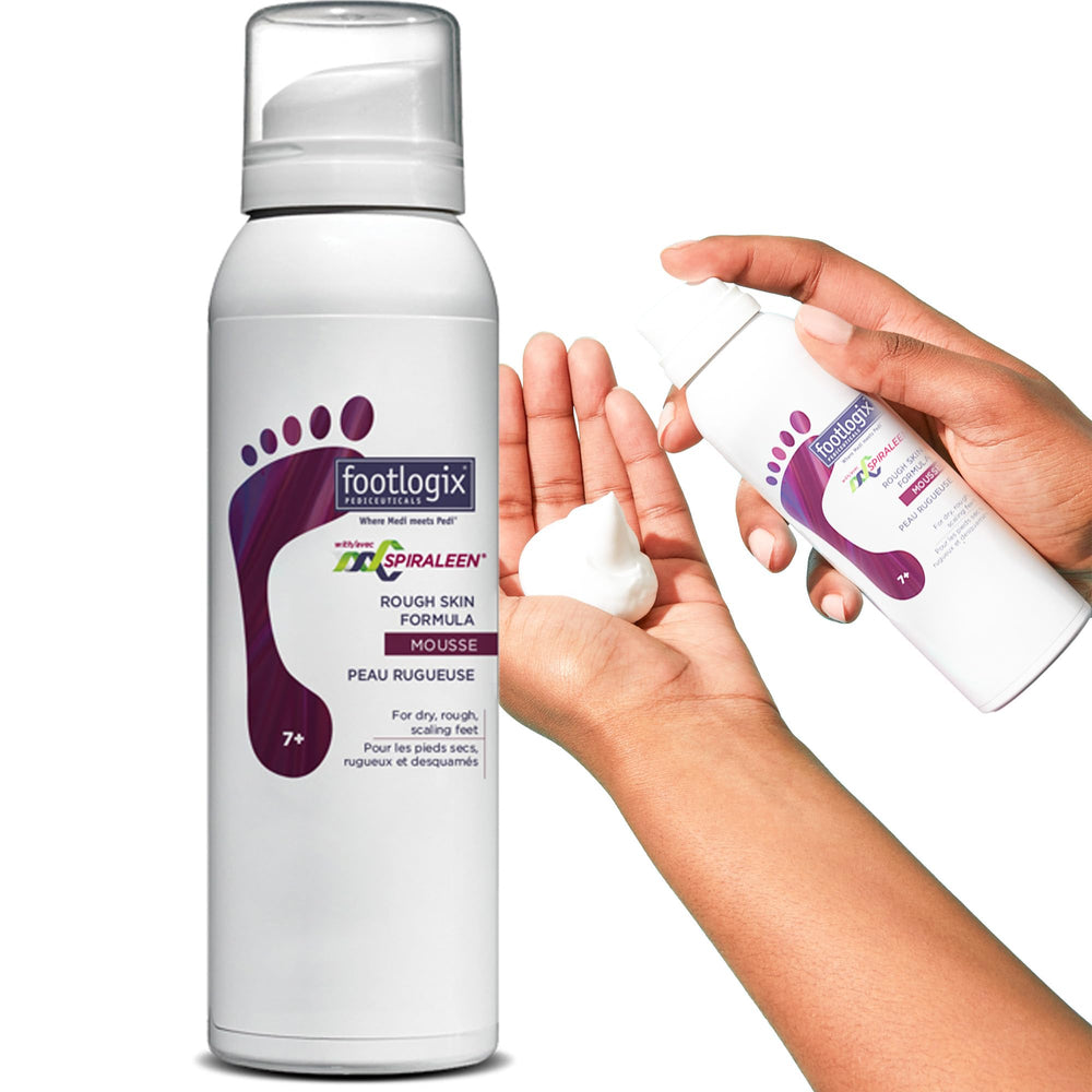 Footlogix Rough Skin Formula bottle shows Spiraleen action for deeper hydration and barrier support.