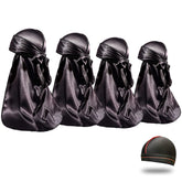 El durag de satén ForceWave negro muestra una textura lujosa que mantiene el cabello hidratado.