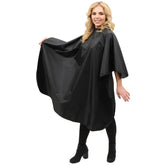 ForPro Poly Chemical Cape in black, lightweight fabric ideal for quick color sessions.