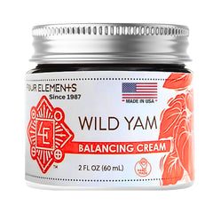 Four Elements 4E Wild Yam Balancing Cream jar highlights hormone balance potential.