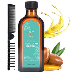 Fovcos Moroccan Argan Treatment bottle on shelf for smoother hair care