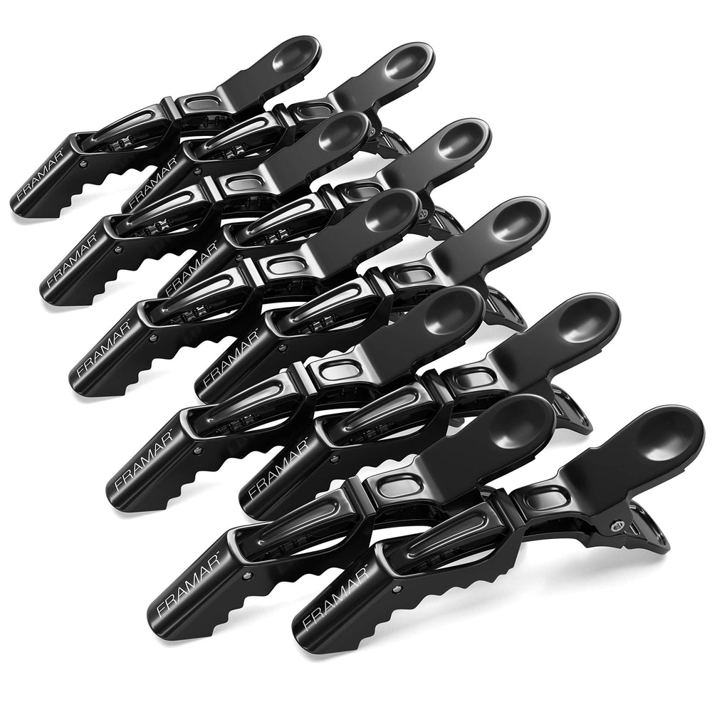 FRAMAR black alligator clip for hair styling with secure grip for precise sectioning.