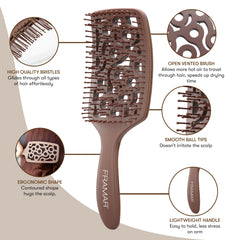 FRAMAR curved vent brush gently massages scalp while drying for healthier feel.