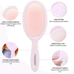 FRAMAR kids pink detangler brush in use for a gentle grooming moment