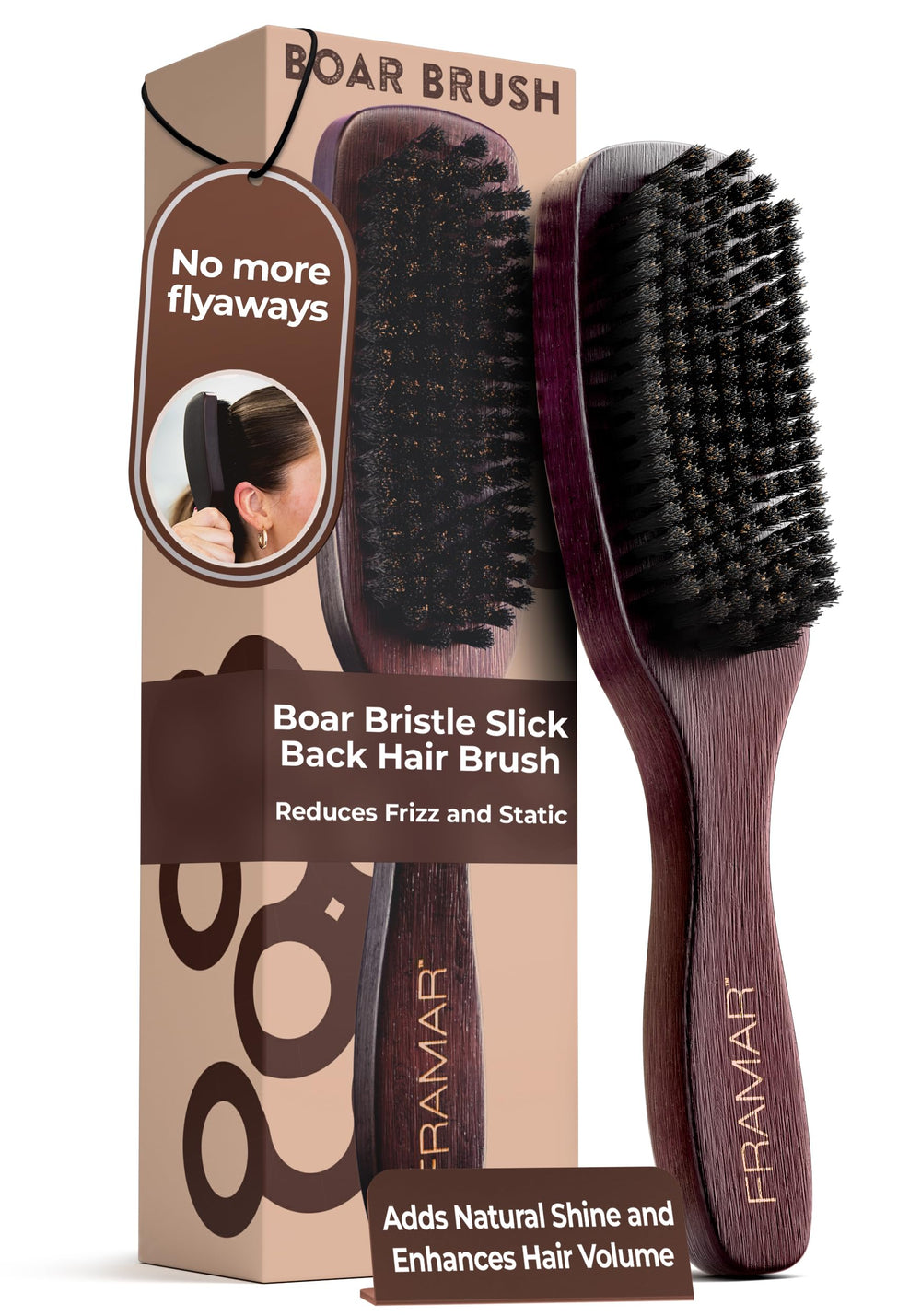 FRAMAR Slick Back Brush close-up shows boar bristles distributing oils for shine.