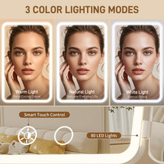 FRANO vanity mirror showing dimmable warm natural white lighting modes