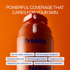Freaks of Nature application close-up shows lightweight, fast-absorbing sunscreen.