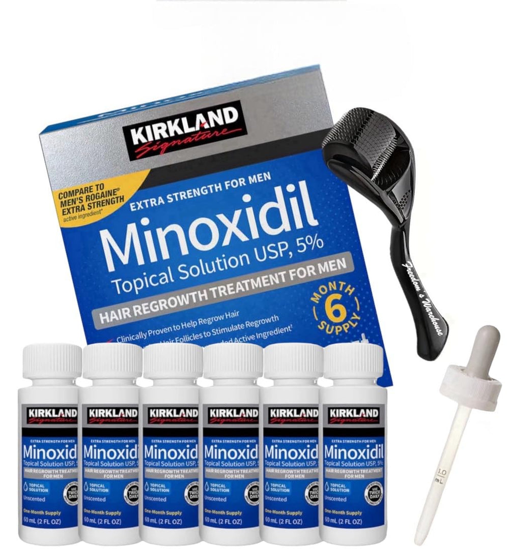 Freedom's Warehouse Kirkland Minoxidil 5% bottle with dropper for precise scalp application.