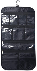 Freegrace premium hanging toiletry bag top view showcasing organized pockets for travel.