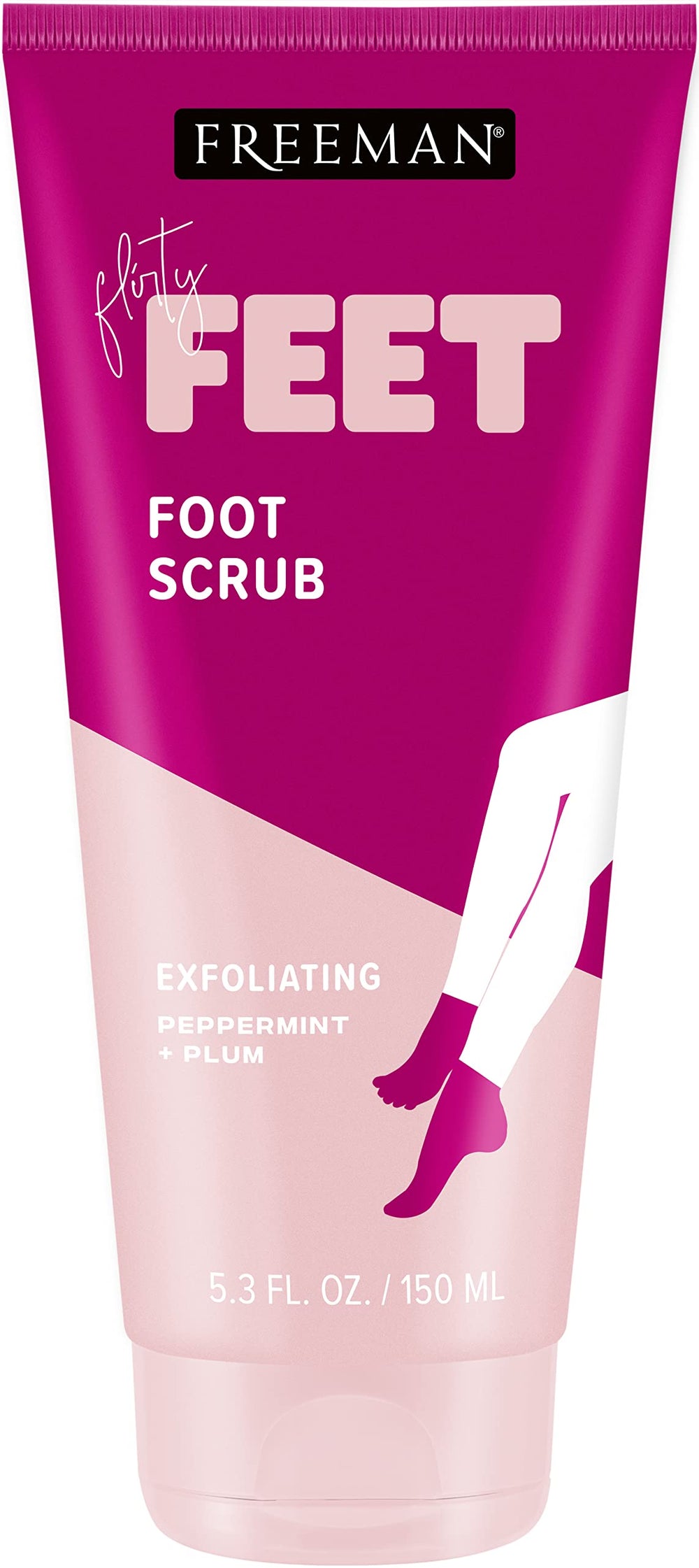 Freeman Bare Foot Scrub bottle shows soothing peppermint and plum formula.