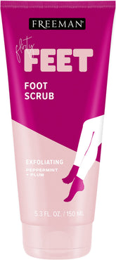 Freeman Bare Foot Scrub bottle shows soothing peppermint and plum formula.