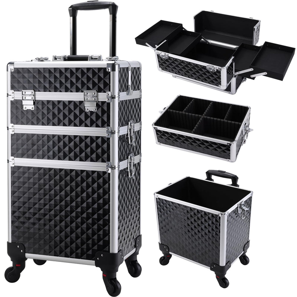 Frenessa rolling makeup case top compartment for easy access to small cosmetics.