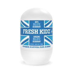 Fresh Kidz roll-on blue bottle delivers 24-hour odor protection for active kids.