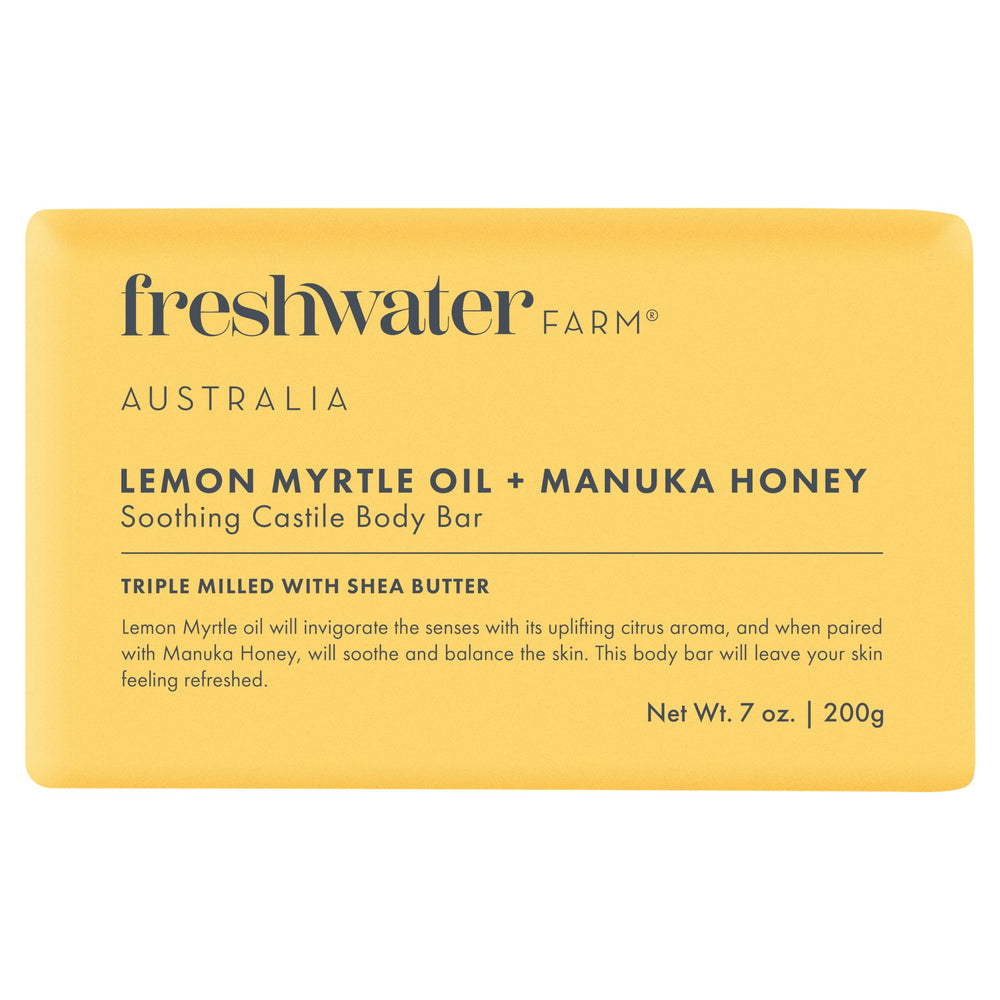 Freshwater Farm Australia barra corporal Lemon Myrtle Oil + Manuka Honey, aroma cítrico para la ducha