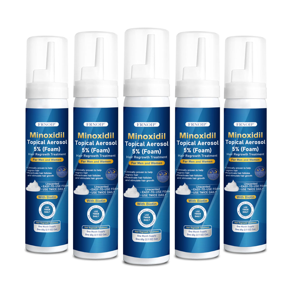 Frnoip 5% Minoxidil Foam bottle focus promotes scalp coverage for fuller-looking hair