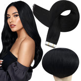 Full Shine Real Hair tape-in extensions, 24 inch jet black, double-sided for seamless blend.