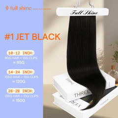 Full Shine Remy hair jet black weft clip-in for silky, durable shine