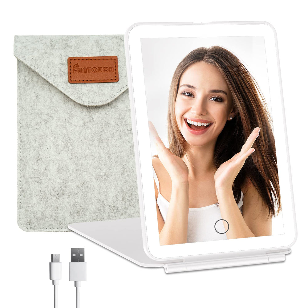 FUNTOUCH rechargeable travel mirror with 72 LEDs for even lighting on the go.