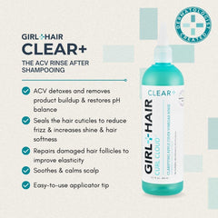 GIRL+HAIR G+H CLEAR+ botella frente a cabello brillante tras uso.