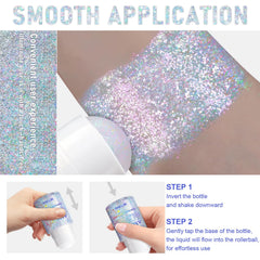 GADMLURY Glint-Rainbow roll-on body glitter delivers color-shift sheen for festival-ready skin.