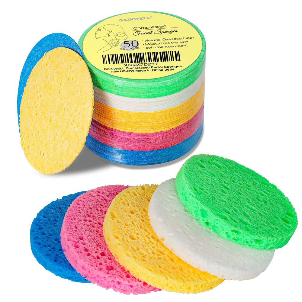 Gainwell 50-colored sponges yellow pack for gentle daily cleansing and makeup removal.