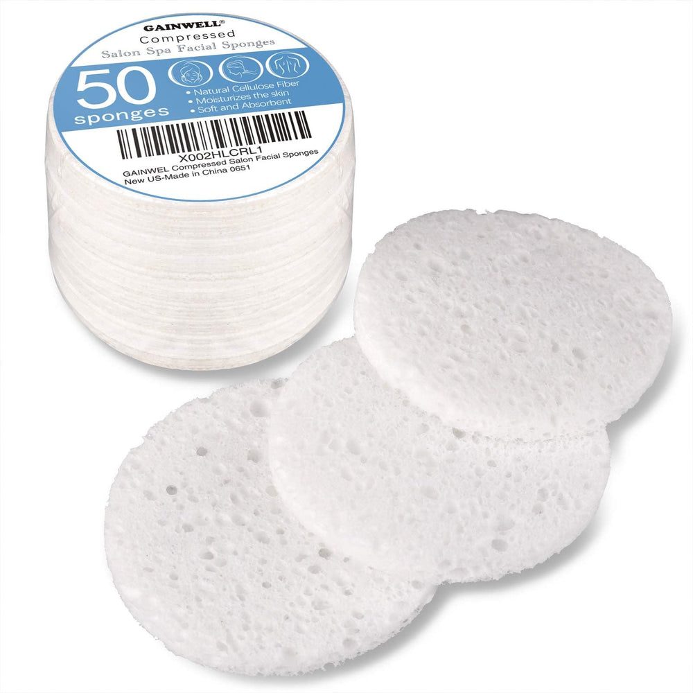Gainwell 50-count white cellulose face sponge pack for gentle cleansing.