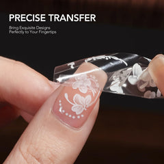 GAOY foil transfer demo on nails with leopard and floral designs.