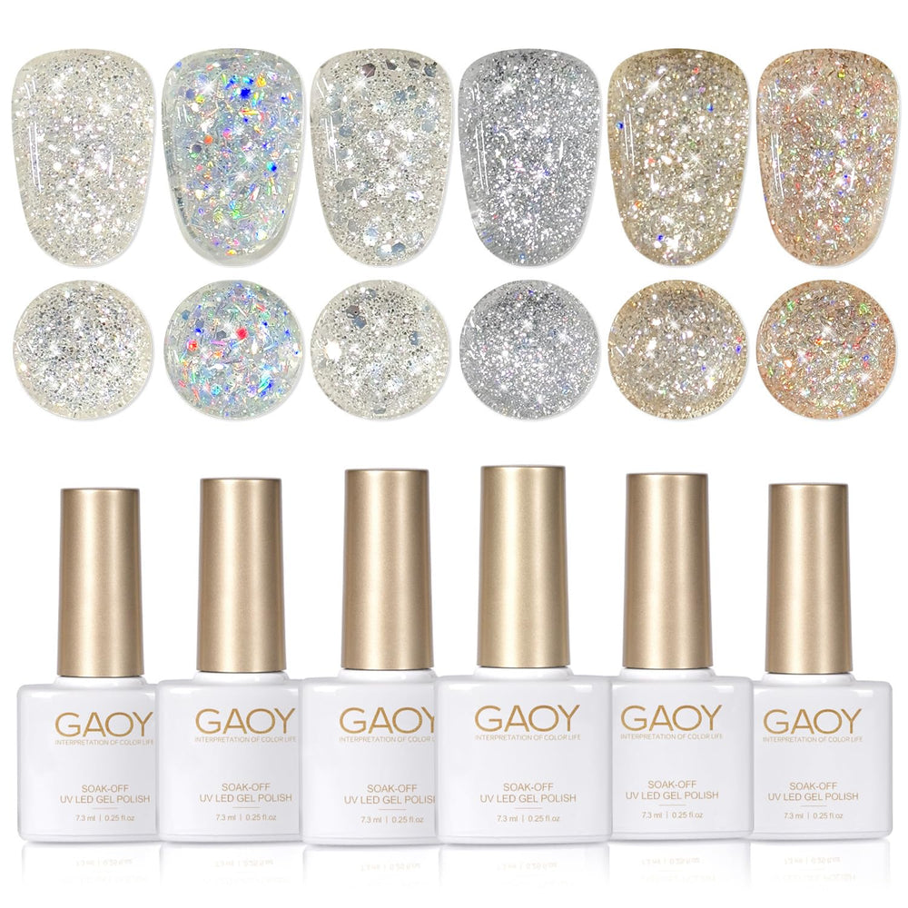 GAOY glitter gel polish set bottles show sparkling colors for at-home manicure.