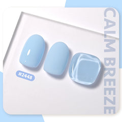 GAOY Light Blue Gel Nail Polish swatch on nails, two-layer application for solid coverage.