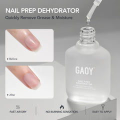 GAOY nail primer bottle closeup boosts adhesion for gel polish.