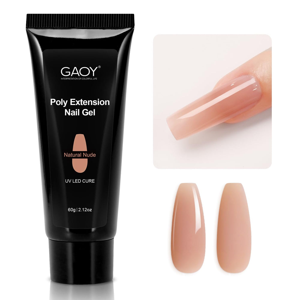 GAOY Poly Gel 60g aplicado en uñas para un acabado tono natural neutro y duradero.