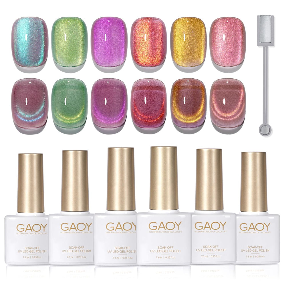 GAOY set de esmalte gel ojo de gato rosa y verde con brillos para uñas deslumbrantes.