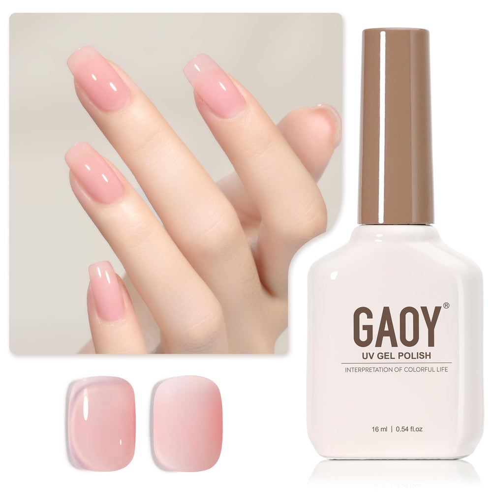 GAOY Sheer Pink Nude gel polish bottle displays translucent peach color for at-home manicures.