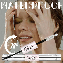 Close-up of GAQQI lash bond bottle highlighting waterproof formula and long wear