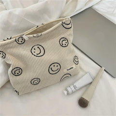 Closeup of the smooth zipper and soft corduroy fabric keeps items secure during daily use.