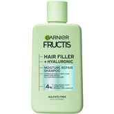 Garnier Fructis Relleno Capilar champú, botella visible, hidratacion profunda para rizos.