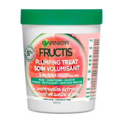 Garnier Fructis Plumping Treat, bote sin tapa, hidratación ligera para cabello fino.