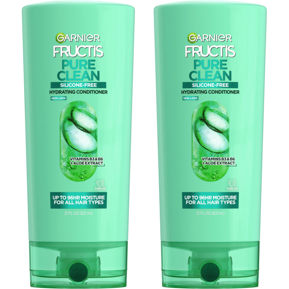 Garnier Fructis Pure Clean Acondicionador, botella visible, cabello suave tras lavado