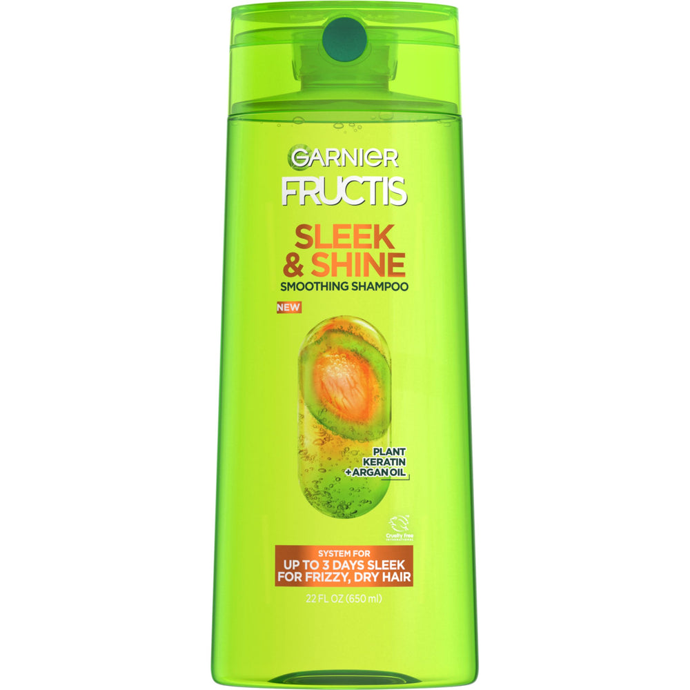 Garnier Fructis Sleek & Shine shampoo bottle front for frizz control.