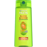 Garnier Fructis Sleek & Shine shampoo bottle front for frizz control.