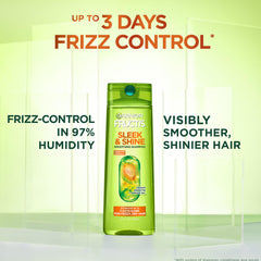 Garnier Fructis Sleek & Shine shampoo foamy lather ready to smooth frizz.
