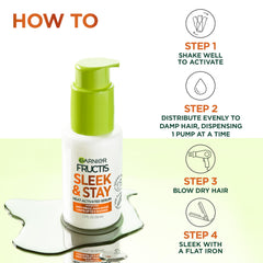 Secado con secador tras aplicar Garnier Fructis Sleek and Stay serum.