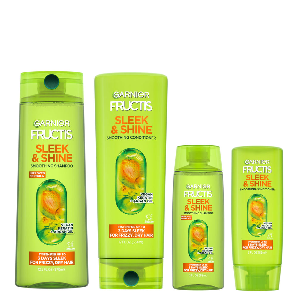 Champú Garnier Fructis Sleek & Shine, botella grande, controla el encrespamiento por más tiempo.
